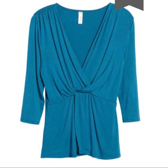 Loveappella Teal V Neck with Drape Front Twist - Picture 4 of 12